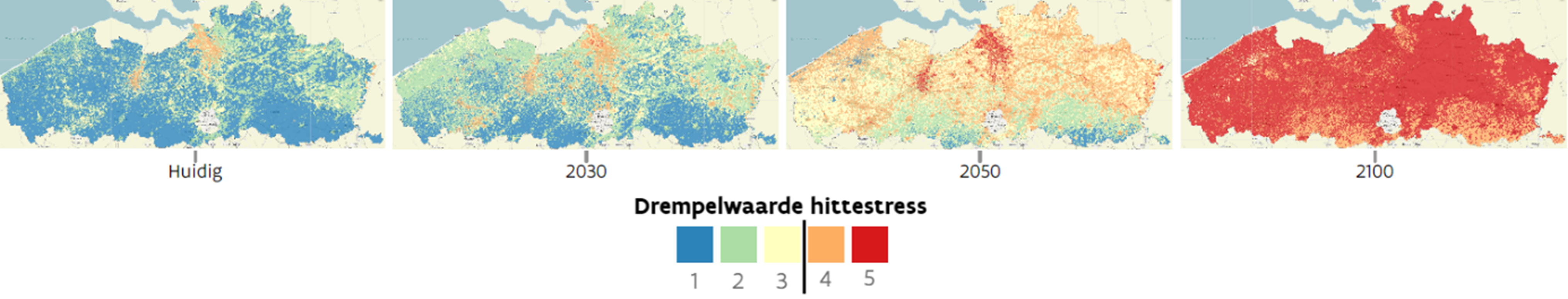 Locaties in Vlaanderen die uitstijgen boven de drempelwaardes van gevoelstemperatuur met belangrijke gezondheidsimpact (niveau 4 en 5) onder huidig klimaat en bij een hoog-impact klimaatscenario tot 2100