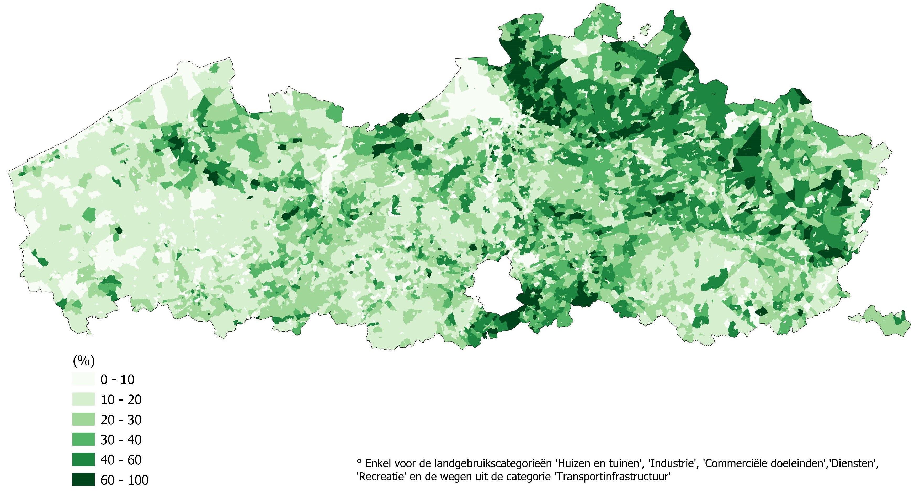 Deze kaart toont per wijk (statistische sector) het percentage boomschaduw in de leef- en werkomgeving, en dit voor de toestand 2018 in Vlaanderen.